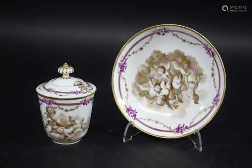 MEISSEN LIDDED CHOCOLATE CUP & SAUCER a 19thc lidded cho...