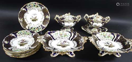 LARGE 19THC ENGLISH PORCELAIN DINNER SERVICE - BIRDS & F...