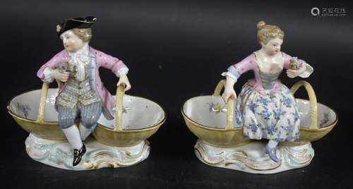 MEISSEN - PAIR OF TABLE SALTS modelled as a lady and gent in...