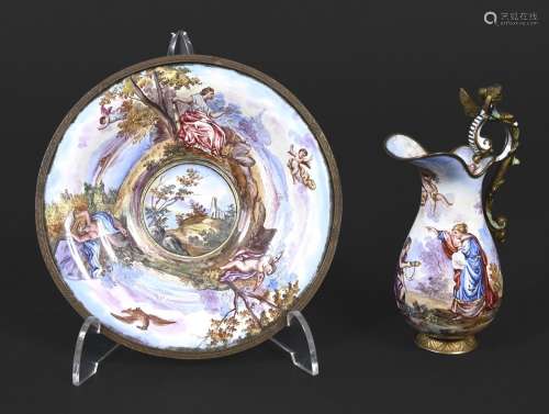 VIENNESE MINIATURE ENAMEL JUG & SAUCER a small enamel ju...