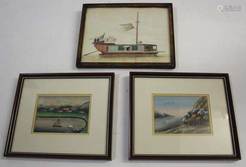 CHINESE PITH PAINTINGS three small framed paintings on rice ...