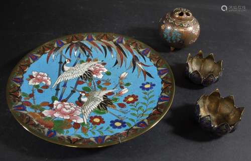 JAPANESE CLOISONNE PLATE the plate decorated with storks, fl...