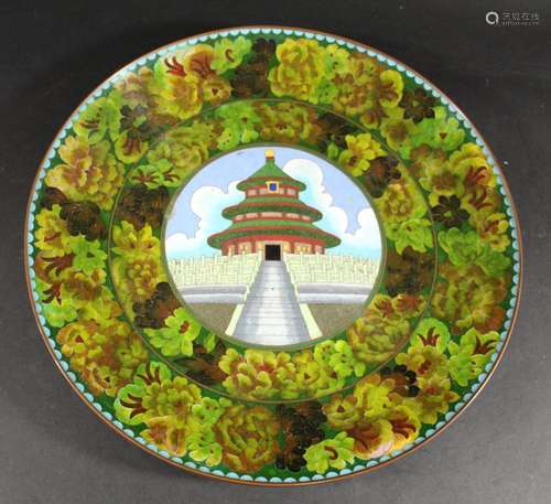 JAPANESE CLOISONNE DISH - TEMPLE an unusual large dish, with...