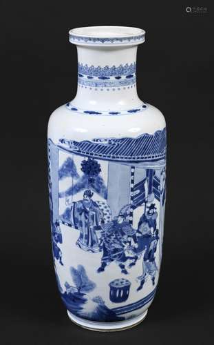 CHINESE BLUE & WHITE PORCELAIN ROULEAU VASE - KANGXI Qin...