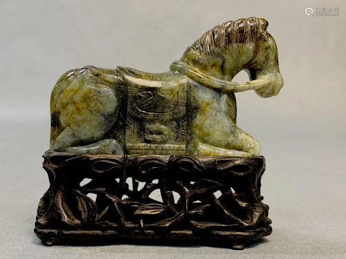 Chinese Carved Jade Horse Statue w/ Stand