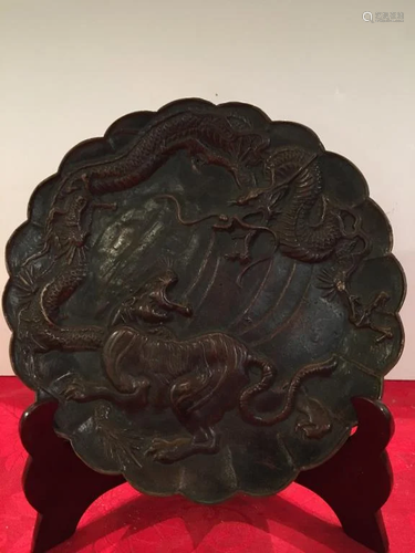 An Old Carved Bronze 'Dragon and Tiger' Dish