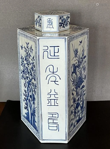 A Large Qing Dynasty Blue and White Hexgonal Jar a