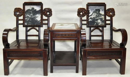 Three Piece Chinese Rosewood & Marble Parlor Suite