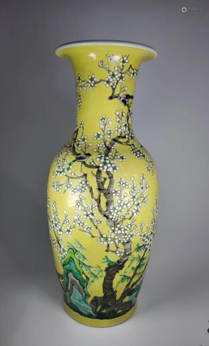 A Yellow-Ground Fencai 'Magpie and Prunus' Vase