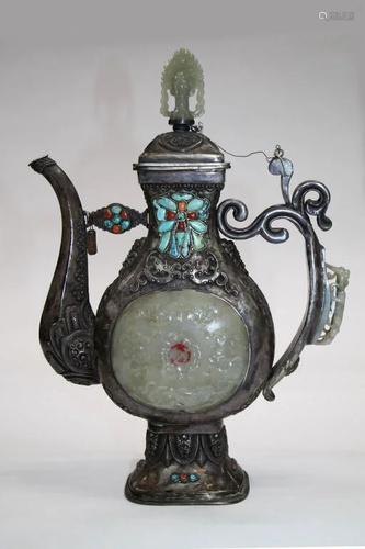 Mongolian Silver Wine Bottle with white Jades