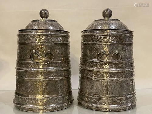 A Pair of Qing Dynasty Mongolian Silver Jars