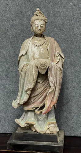 A Ming Dynasty Polychrome Pottery Figure of Guanyi