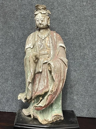 A Ming Dynasty Polychrome Pottery Figure of Guanyi