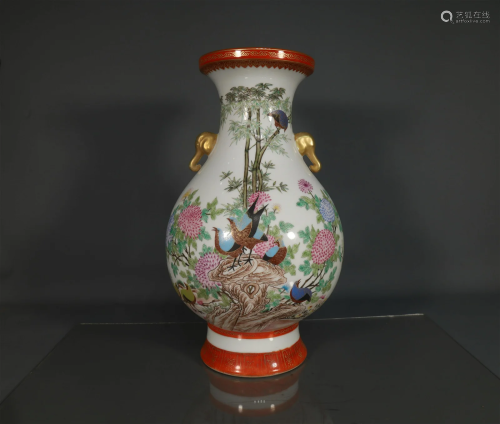 A Flower& Bird Elephant-Eared Vase