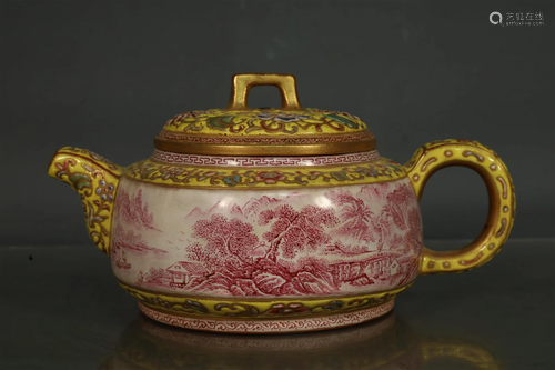 A Fine Famille Rose Landscape Kettle