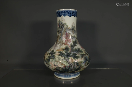 A Fine Blue And White Famille Rose Landscape Vase