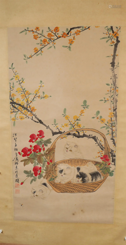 A Delicate Cat& Flower Scroll Painting By WangXueTao Mad...