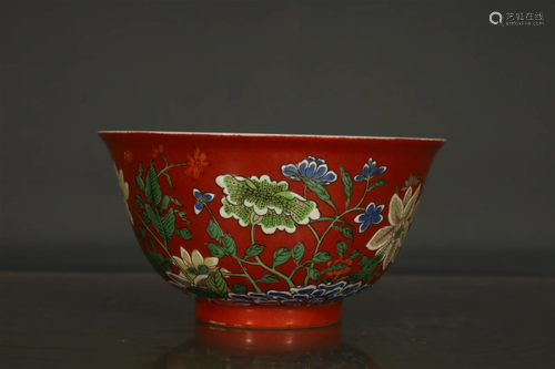 A Fine Red-Ground Famille Rose Flower Bowl