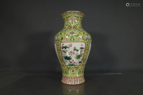 A Lovely Green-Ground Famille Rose Flower Vase