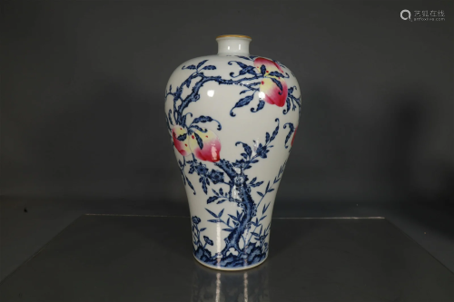 A Delicate Blue And White Famille Rose Longevity-Peach Vase