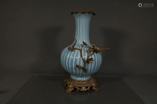 A Sky-Blue-Glazed Skimming Bottle Inlayed with Designed Copp...