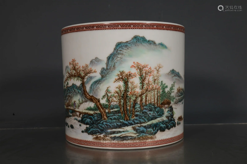 A Fine Famille Rose Landscape& Poem Brush Pot