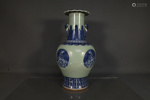 A Delicate Bean Green Glazed Blue And White Phoenix Vase