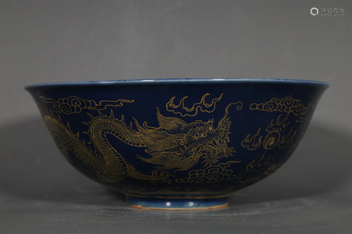 A Delicate Blue Glazed Golden Color Dragon Bowl