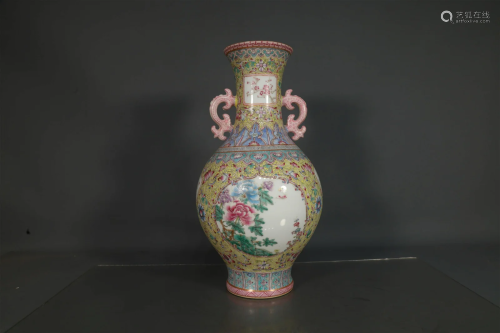 A Yellow-Ground Famille Rose Flower Vase