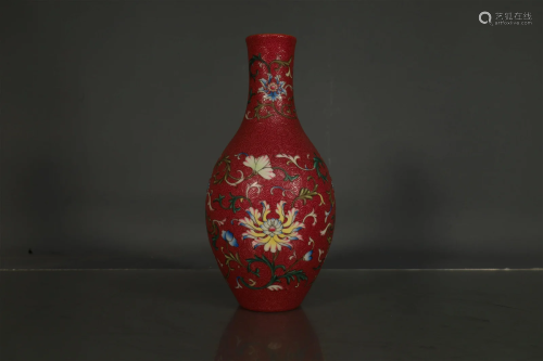A Fabulous Red-Ground Famille Rose Flower Vase