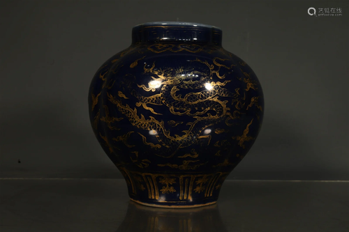 A Lovely Ji-Blue Glazed Golden Dragon& Phoenix Pot