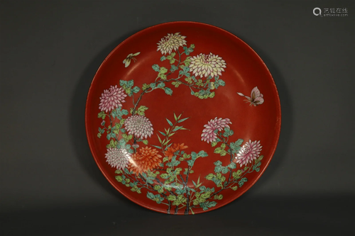 A Wonderful Red-Ground Famille Rose Flower Bowl