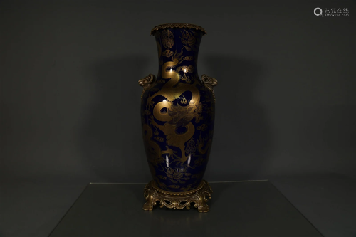 A Deep-Blue-Glazed Skimming Bottle with Golden Dragon Design...