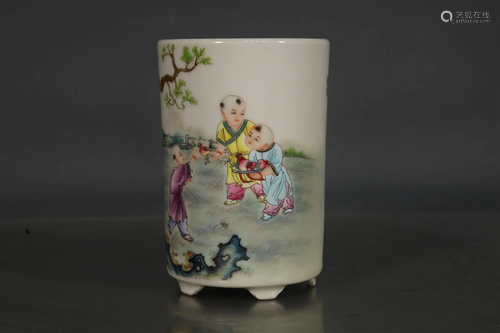 A Fine Famille Rose Children Playing Brush Pot