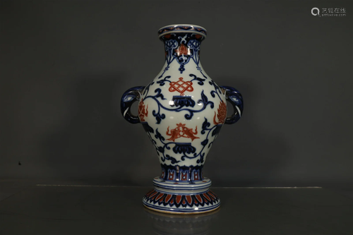 A Wonderful Blue And White Glaze-Red Elephant-Ear Vase