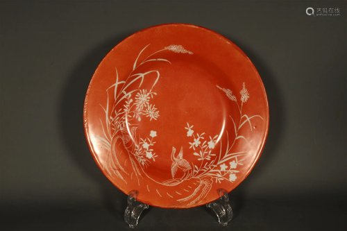 A Delicate Red-Ground Famille Rose White-Crane Plate