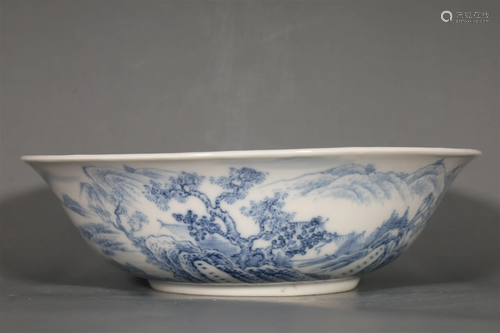 A Delicate Blue And White Landscape Bowl