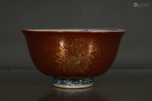 A Fine Red-Ground Golden Blue And White Flower Bowl