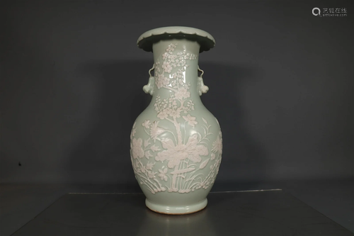 A Delicate Bean Green Glazed Carved Flower Vase