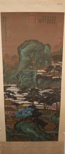 A Fine Verdant Mountains& Clear Water Silk Scroll Painti...