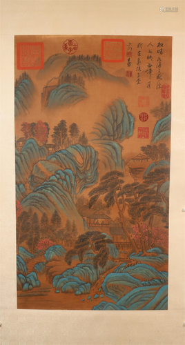 A Verdant Mountains& Clear Water Silk Scroll Painting By...