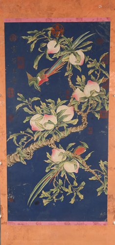 A Fine Longevity Peach Silk Scroll Painting By JiangTingXi M...