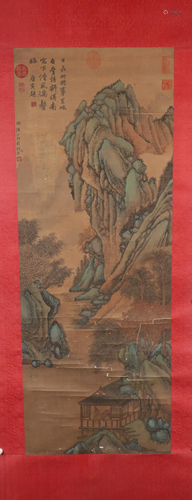 A Fine Verdant Mountains& Clear Water Silk Scroll Painti...