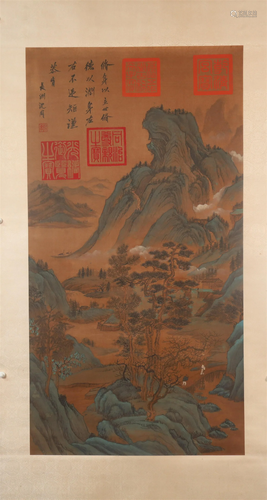 A Fine Verdant Mountains& Clear Water Silk Scroll Painti...