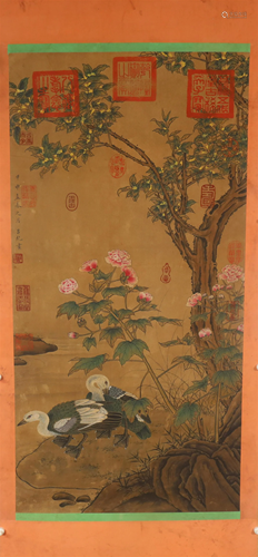 A Fine Flower& Grass Duck& Bird Silk Scroll Painting...