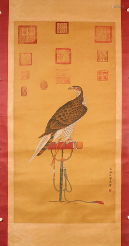 A Delicate Eagle Silk Scroll Painting By LangShiNing Made