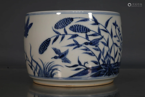 A Lovely Blue And White Reed Goose Brush Pot