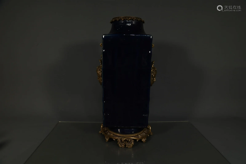 A Deep Blue Glazed Cong-Shaped Vase Inlayed with Designed Co...