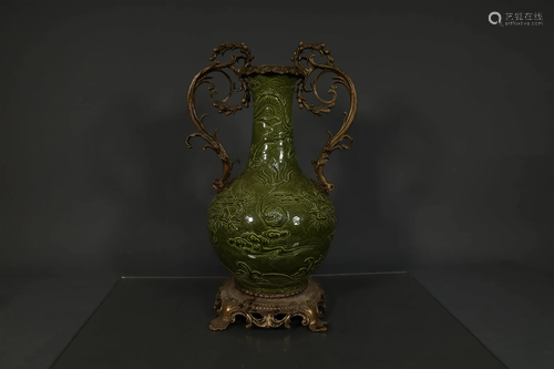 A Plum-Green-Glazed Long-necked Skimming Vase Carved with Tw...