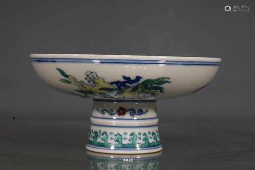 A Fabulous Blue amd White Doucai Fruit Plate with High Feet